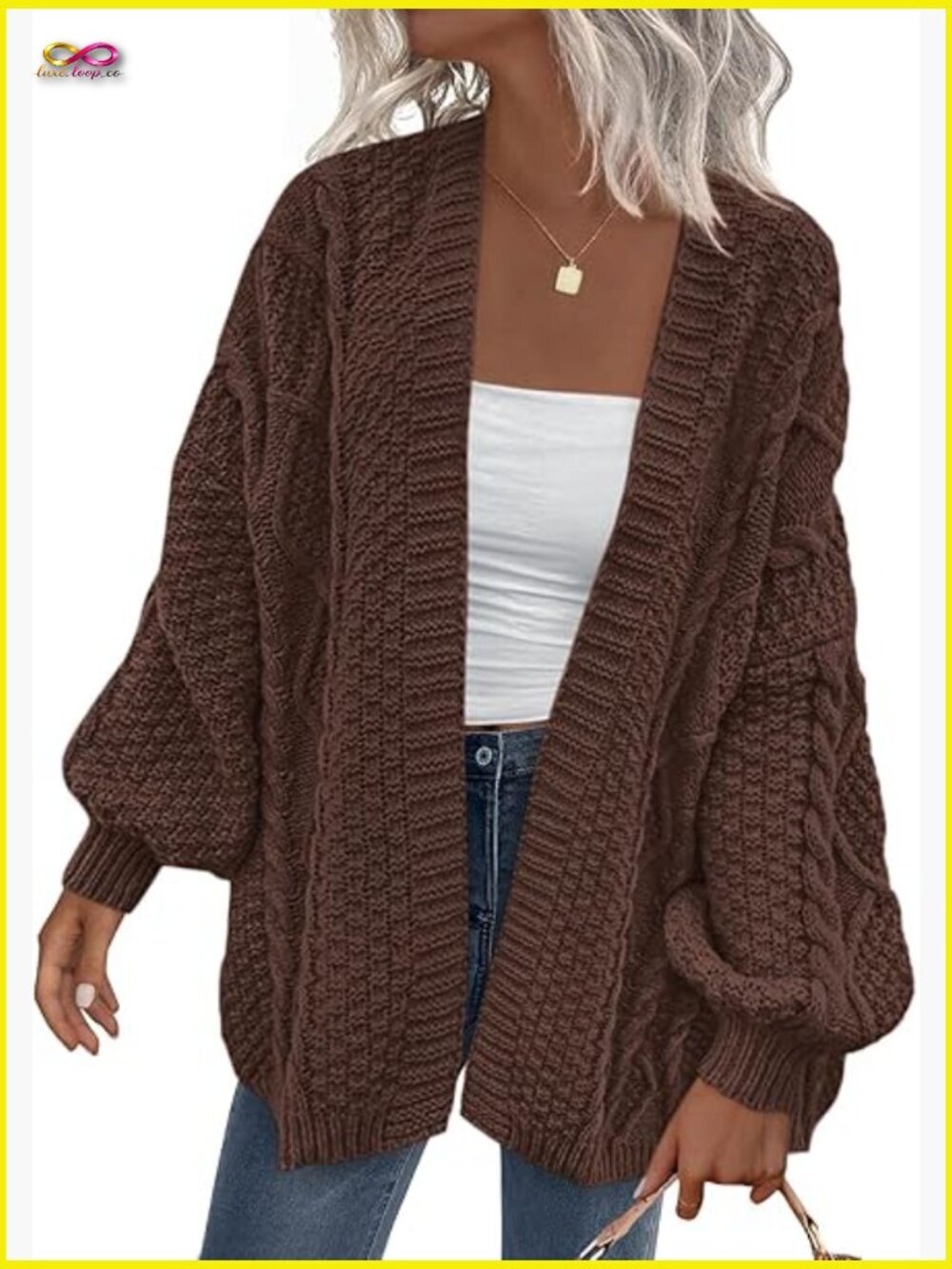 Oversized Cable Knit Open Front Lantern Sleeve Chunky Cardigan Sweater Coats